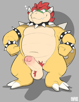 anthro armband balls belly big_balls big_penis bracelet claws collar erection eyebrows foreskin genitals glans grey_background hair horn humanoid_genitalia humanoid_penis jewelry looking_at_viewer male navel nude partially_retracted_foreskin penis plantigrade pubes shadow shell simple_background smile solo sparkles spiked_armband spiked_bracelet spiked_collar spiked_shell spiked_tail spikes spikes_(anatomy) standing tail teeth sodacaps mario_bros nintendo bowser koopa scalie 2025 hi_res watermark