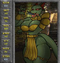 anthro arm_under_breasts big_breasts big_butt bottomwear bracelet breast_squish breasts butt clothed clothing dagger dungeon female gameplay_mechanics gold_(metal) gold_bracelet gold_jewelry golden_clothing holding_object holding_weapon jewelry knife licking_knife licking_object licking_weapon loincloth long_tongue looking_at_viewer melee_weapon red_eyes solo squish stats tail text thick_thighs tongue tongue_out weapon dugdog bethesda_game_studios daggerfall microsoft the_elder_scrolls argonian reptile scalie digital_media_(artwork) hi_res