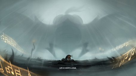 ambiguous_gender antennae_(anatomy) anthro duo feral larger_ambiguous musical_note musical_symbol outside size_difference smaller_ambiguous symbol text white_text lucaniamc hollow_knight:_silksong hollow_knight_(franchise) team_cherry moorwing thread_raker 16:9 comic end_page english_text hi_res widescreen