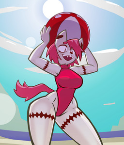 anthro ball beach beach_ball big_breasts breasts clothing female fur hair inflatable markings one-piece_swimsuit pink_hair pink_tail solo swimwear tail tan_body tan_fur wide_hips aygee bagel_(bitingbagels) domestic_cat felid feline felis mammal 2026 digital_drawing_(artwork) digital_media_(artwork)