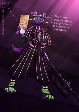 accessory anthro biped bottomwear claws clothed clothed_anthro clothed_male clothing fingers front_view fully_clothed fully_clothed_anthro fully_clothed_male fur gloves glowing glowing_eyes green_body green_eyes green_fur handwear hat headgear headwear holding_object holding_weapon looking_at_viewer male male_anthro melee_weapon necktie purple_body purple_fur simple_background solo tail text toe_claws topwear weapon lusciouslioness limbus_company project_moon canid canine hyena mammal 2025 absurd_res digital_media_(artwork) english_text hi_res