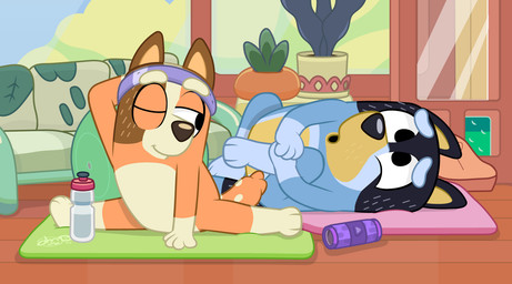 anthro black_body black_fur blue_body blue_fur bottle brown_body brown_fur container cramp duo exercise facial_markings female flexible fur gloves_(marking) head_markings holding_leg leg_markings male markings mask_(marking) orange_body orange_fur pain socks_(marking) splits spread_legs spreading sweatband tan_body tan_fur water_bottle yoga_mat dm29 bluey_(series) bandit_heeler chilli_heeler australian_cattle_dog canid canine canis cattledog domestic_dog herding_dog mammal pastoral_dog