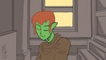 blinking brown_clothing brown_topwear clothed clothing ear_twitch green_body hair humanoid_pointy_ears inside looking_at_viewer not_furry pointy_ears prick_ears smile solo topwear bigmsaxon humanoid mammal orc 2018 animated short_playtime