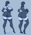 big_breasts big_butt blue_background blue_body breasts butt cleavage clothed clothing dress female hair machine minidress not_furry simple_background solo saidra android humanoid robot robot_humanoid absurd_res blue_and_white hi_res monochrome