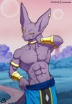 abs anthro belt bent_arm clothed clothing gold_(metal) gold_jewelry hairless jewelry looking_at_viewer male muscular muscular_male nipples nude oversized_clothing piercing purple_body sash smile solo topless topless_male undressing prismanoodle_(artist) dragon_ball dragon_ball_super beerus domestic_cat felid feline felis hairless_cat mammal sphynx_(cat) hi_res