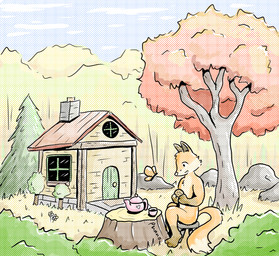 ambiguous_gender anthro autumn beverage building container cookie cottage countershading cozy cup food forest gloves_(marking) house male markings plant rock solo tea tea_cup teapot tree phano arthropod butterfly canid canine fox insect lepidopteran mammal hi_res