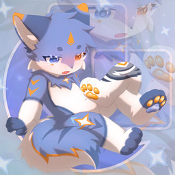 anthro blue_body blue_eyes blue_fur blush bottomless bottomwear clothed clothing disembodied_foot duo feet fluffy fluffy_tail foot_on_crotch fur heterochromia male markings multicolored_eyes open_mouth orange_eyes orange_markings orange_pawpads pawpads raised_leg shorts simple_background sitting spread_legs spreading star star_pattern tail white_body white_fur mch_txjk mapleotu starrin canid canine canis humanoid mammal wolf 1:1 hi_res