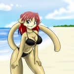 anthro beach bikini clothed clothing cloud detailed_background female green_eyes hair outside red_hair sand seaside skimpy sky solo swimwear tail tight_clothing two-piece_swimsuit christopherlee nekonny likemaniac_(character) domestic_cat felid feline felis mammal 1:1