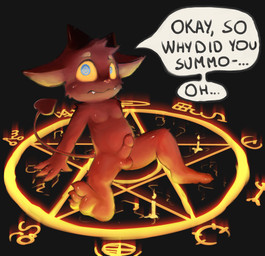 anthro balls biped black_background blue_eyes candle feet foreskin genitals horn humanoid_genitalia humanoid_penis hypnosis hypnotic_eyes imp_tail light_from_below long_foreskin looking_up male mind_control nervous nude nude_male penis shota simple_background solo speech_bubble summoning summoning_circle tail text tight_foreskin unretracted_foreskin yellow_sclera young young_anthro young_male badipoki demon imp absurd_res english_text hi_res