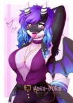 anthro belt blue_hair blush bodily_fluids bottomwear breasts cleavage clothed clothing collar eyelashes female hair hand_behind_head horn jewelry looking_at_viewer membrane_(anatomy) membranous_wings multicolored_hair necklace open_mouth pants pendant purple_eyes purple_hair saliva saliva_string shirt simple_background solo text tongue tongue_out topwear two_tone_hair wings nana-yuka melody_(nana-yuka) cetacean dolphin hybrid mammal marine oceanic_dolphin orca toothed_whale absurd_res artist_name digital_media_(artwork) hi_res shaded url