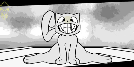 3_fingers ambiguous_gender fangs fangs_over_teeth feral fingers fog foggy_background grey_background insane looking_at_viewer low-angle_view on_ground paws simple_background sitting spread_legs spreading tail teeth white_body flushedspace off_(game) the_judge_(off) domestic_cat felid feline felis mammal digital_drawing_(artwork) digital_media_(artwork) monochrome