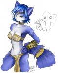 anthro blue_body blue_fur blush bottomwear breasts clothing female fur green_eyes loincloth looking_at_viewer navel solo monoth nintendo star_fox krystal_(star_fox) canid canine fox mammal 2007