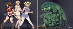 abdominal_bulge ambiguous_gender belly big_belly big_breasts blonde_hair bodily_fluids breasts brown_hair butt clothing drooling female female_prey feral feral_pred group hair monster_pred nipples raining saliva same_size_vore vore wet wet_clothing coldbrush natsumemetalsonic capcom lollipop_chainsaw resident_evil catherine_(catherine) claire_redfield juliet_starling amphibian human hunter_gamma_(resident_evil) mammal monster artist_collaboration