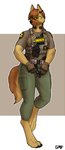 anthro barefoot breasts brown_body brown_fur bulletproof_vest clothing earpiece electronics feet female fur gun handgun microphone pistol police police_uniform radio ranged_weapon solo tail uniform visor weapon gasmaskfox gretta_(gasmaskfox) canid canine canis domestic_dog german_shepherd herding_dog mammal pastoral_dog absurd_res hi_res