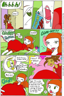 anthro belly big_belly clothing dialogue digestion_noises dress duo female fur furniture hair huge_belly inside orange_hair overweight red_clothing red_dress red_shirt red_topwear rumbling_stomach shirt sofa speech_bubble text topwear white_body white_fur yellow_body yellow_fur s.sakurai felid leopard mammal mouse murid murine pantherine rodent 2004 comic