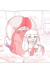 anthro ass_up big_butt book butt clothed clothing eyewear female floppy_ears glasses horn huge_butt looking_at_viewer mature_anthro mature_female panties partially_clothed red_clothing red_underwear robe smile solo underwear upskirt white_body erokaiga deltarune undertale undertale_(series) toriel boss_monster_(undertale) bovid caprine goat mammal monster hi_res