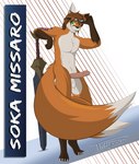 2_tails anthro arm_support arm_tattoo balls erection eyewear genitals goggles green_eyes leaning_on_elbow male melee_weapon multi_tail nude pose solo sword tail tattoo weapon thibbycat soka_missaro_(shizari) canid canine fox mammal hi_res pinup