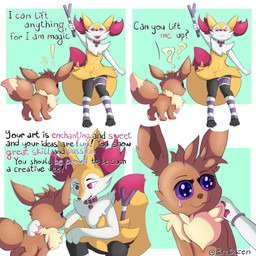 :3 ambiguous_gender anthro arm_around_neck asking asking_another bodily_fluids bracelet clothing collar collar_tag crouching dialogue dipstick_tail duo encouragement exclamation_point eye_contact featureless_crotch female feral happy heart_collar_tag heart_font heart_symbol highlighted_text jewelry knee_highs legband legwear looking_at_another markings neck_grab pink_eyes purple_sclera question question_mark raised_arm requesting standing sweat sweatdrop tail tail_markings teardrop tears text text_emphasis yes-no_question furry_in_a_hurry nintendo pokemon aru_(furry_in_a_hurry) uto_(utopianvee) braixen eevee generation_1_pokemon generation_6_pokemon pokemon_(species) 1:1 absurd_res comic english_text hi_res