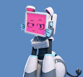 :< anthro blue_background cable_tail club_arms ears_down electrical_plug_tail eyebrows fake_whiskers female for_a_head grey_body looking_at_viewer machine name_tag noseless pink_face pink_inner_ear pivoted_ears post-it_note raised_eyebrow screen screen_face simple_background slumped solo tail tail_motion text thick_thighs fuch! pur_04 domestic_cat felid feline felis mammal object_head robot robot_anthro screen_head 2025 3d_(artwork) digital_media_(artwork) portrait three-quarter_portrait