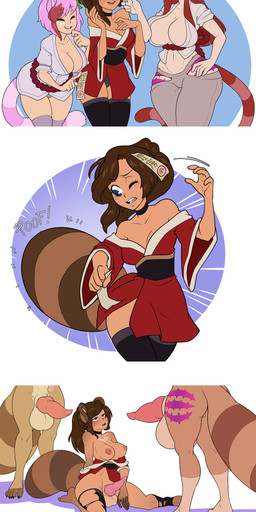 ambiguous_penetration animal_genitalia animal_penis anthro anthro_on_anthro asian_clothing balls bangs bare_shoulders big_balls big_breasts big_butt big_penis blue_eyes bodily_fluids bottomwear braided_hair breasts brown_body brown_fur brown_hair butt canine_genitalia canine_penis cleavage clothed clothing cuddling dazed east_asian_clothing erection eyes_closed facial_markings fellatio female freckles fth_transformation fti_transformation fully_clothed fully_sheathed fur gender_transformation genitals group gynomorph gynomorph/gynomorph hair hand_on_belly hand_on_breast hand_on_cheek happy happy_sex head_markings heart_symbol heterochromia highlights_(coloring) holding_arm holding_chin huge_balls huge_breasts huge_penis human_to_anthro intersex intersex/intersex intersex_penetrated intersex_penetrating intersex_penetrating_intersex japanese_clothing kimono kneeling knot legwear light_body light_skin long_hair looking_at_another looking_pleasured lying markings navel nervous nipple_piercing nipples nude ofuda on_back on_side oral oral_penetration pants penetration penile penile_penetration penis piercing pink_hair pink_highlights ponytail red_hair red_highlights sex sheath simple_background sitting smile species_transformation standing stripes surprised sweat sweatdrop talisman tan_body tan_fur tan_skin thigh_highs torn_clothing transformation vulva wardrobe_malfunction wide_hips yellow_eyes dabunnox chess_(character) chess_(chesshire) sabrith_ebonclaw tayelle_ebonclaw animal_humanoid canid canine cat_humanoid felid felid_humanoid feline feline_humanoid human humanoid mammal mammal_humanoid raccoon_dog tanuki 2019 absurd_res hi_res multiple_scenes