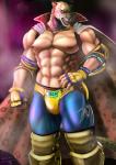 2016 abs animal_head areola biceps black_sclera black_spots blue_clothing cape clothing erect_nipples felid fist for_a_head front_view fur hand_on_hip hi_res humanoid jaguar king_(tekken) kkerotix looking_at_viewer male mammal markings muscular muscular_male navel nipples open_mouth pantherine pattern_clothing pecs pink_areola pink_nipples pink_tongue quads red_eyes sharp_teeth solo spots spotted_body spotted_clothing spotted_fur standing teeth tekken tekken_7 tongue whiskers white_body white_fur yellow_body yellow_clothing yellow_fur
