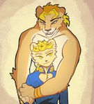 alternate_species anthro arm_tuft blonde_hair bracelet duo ear_piercing ear_ring furrification hair hand_holding jewelry larger_anthro larger_male male piercing ring_piercing size_difference smaller_anthro smaller_male smile teeth tuft yellow_eyes young boni_(artist) jojo's_bizarre_adventure dio_brando giorno_giovanna felid lion mammal pantherine father_(lore) father_and_child_(lore) father_and_son_(lore) parent_(lore) parent_and_child_(lore) parent_and_son_(lore) son_(lore)