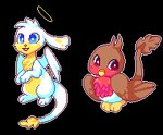 2020 alpha_channel ambiguous_gender arkay9 avian blue_eyes brown_body brown_feathers cheek_spots christmas_neopet digital_media_(artwork) duo feathers feet feral fur halo low_res mammal markings neopet_(species) neopets on_hind_legs outline paws pixel_(artwork) pteri_(neopets) red_markings semi-anthro shaded simple_background tail thumbnail transparent_background white_body white_fur white_outline wings yellow_markings zafara_(neopets)