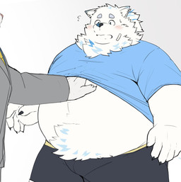 anthro belly big_belly blush bottomwear clothed clothing duo fur kemono male obese overweight overweight_male raised_clothing raised_shirt raised_topwear shirt shorts simple_background solo_focus standing topwear white_body white_fur nikukyu299paw lifewonders live_a_hero yohack canid canine canis domestic_dog mammal 2026