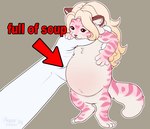 ambiguous_gender anthro belly big_belly bloated blonde_hair duo featureless_crotch fur glistening glistening_eyes grey_background hair markings nude pink_body pink_fur semi-anthro simple_background solo_focus striped_arms striped_legs striped_markings striped_tail stripes tail tail_markings white_body white_fur tiggybloom full_of_milk/soup_(meme) marzipan_(tiggybloom) felid mammal pantherine tiger 2024 dated meme
