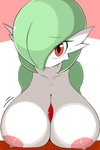2019 2:3 areola big_areola big_breasts big_nipples breasts female gardevoir generation_3_pokemon hi_res huge_breasts looking_at_viewer nintendo nipples not_furry nude pokemon pokemon_(species) red_eyes runbasamba simple_background solo white_body