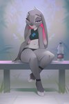 2022 anthro athletic bench black_bottomwear black_clothing black_topwear bottle bottomwear clothing container countershade_face countershade_neck countershade_torso countershading disney ears_down feet female fur grey_body grey_countershading grey_fur half-closed_eyes judy_hopps lagomorph leporid looking_at_viewer mammal midriff miles_df narrowed_eyes navel pink_nose pivoted_ears purple_eyes rabbit sitting solo sportswear toeless_(marking) topwear zootopia