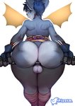 2018 anthro anus backsack balls bat big_butt biped black_claws blue_hair brown_eyes butt butt_focus butt_jiggle claws clothing digital_media_(artwork) eyewear femboy fingerless_gloves genitals glasses gloves hair handwear hi_res holding_object holding_staff jiggling leaning leaning_forward leg_wraps legs_together long_claws looking_at_viewer looking_back looking_back_at_viewer male mammal mostly_nude motion_lines pince-nez piyotm presenting presenting_anus presenting_balls presenting_hindquarters rear_view ribbons sash short_hair simple_background smile solo staff standing thick_thighs white_background wide_hips wraps