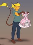 anthro barefoot clothing dress feet holding_clothing holding_dress holding_object looking_aside male pink_clothing pink_dress shirt simple_background solo standing tail topwear halcy0n nintendo pokemon generation_1_pokemon pokemon_(species) raichu 2023 hi_res