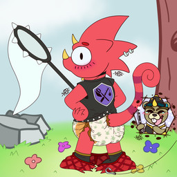 3_horns alternative_fashion anthro backwards_hat big_diaper blue_eyes blush boots bottomwear bottomwear_down butterfly_net clothed clothing collar diaper duo fish_hook fishing_rod focused footwear grass hand_on_hip hat headgear headwear hook horn jacket leather leather_boots leather_clothing leather_footwear leather_jacket leather_topwear long_tail male markings multi_horn net pants pants_down partially_clothed piercing plant prehensile_tail punk purple_eyes red_body red_scales rock scales shoes short_horn small_horn solo spikes striped_markings striped_tail stripes tail tail_markings topwear torn_clothing tree wide_eyed hyper423 animal_crossing nintendo c.j._(animal_crossing) flick_(animal_crossing) beaver chameleon lizard mammal reptile rodent scalie 1:1 hi_res signature