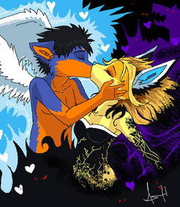anthro blue_body contrast darkness duo eyes_closed female flowing_hair fur hair heart_symbol holding_head kissing male male/female multicolored_body orange_body orange_fur skeleion ash_fox_(skeleion) toby_wolfkat angel canid canine canis demon mammal wolf 2009 digital_media_(artwork) half-length_portrait low_res microsoft_paint_(artwork) portrait