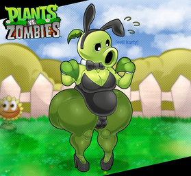 belly belly_overhang big_belly big_butt black_clothing black_footwear black_high_heels black_leotard black_sclera blue_sky bodily_fluids bottomwear bow_tie breasts bulge bunny_costume butt clothing cloud costume duo fake_ears fake_rabbit_ears fence flower footwear grass green_bottomwear green_clothing green_hair gynomorph hair high_heels huge_butt intersex leaf leaf_hair leotard not_furry orange_face outside overweight overweight_gynomorph overweight_humanoid overweight_intersex petals plant plant_hair pseudo_hair shoes siphon_(anatomy) sky sweat sweatdrop text thick_thighs three-quarter_view tight_clothing white_eyes yellow_petals evil_kurty electronic_arts plants_vs._zombies popcap_games elemental_creature elemental_humanoid flora_fauna flower_creature humanoid peashooter_(pvz) plant_humanoid sunflower_(pvz) 2026 artist_name colored digital_media_(artwork) hi_res shaded
