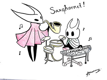 anthro cape cloak clothed clothing cymbals drum drum_set drumming duo female keyboard_instrument male music musical_instrument musical_note musical_symbol percussion_instrument performance saxophone symbol wind_instrument woodwind_instrument anemii hollow_knight_(franchise) team_cherry hornet_(hollow_knight) the_knight_(hollow_knight) animal_humanoid arthropod arthropod_humanoid humanoid insect insect_humanoid vessel_(species) 2025 4:3 absurd_res hi_res