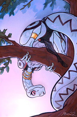 albino anklet anthro clothed clothing crouching female flat_chested in_tree jewelry long_nails looking_offscreen necklace plant red_eyes scales smile solo tree white_body white_scales mitery22 yussa_(mitery22) african_viper gaboon_viper reptile scalie snake viper hi_res