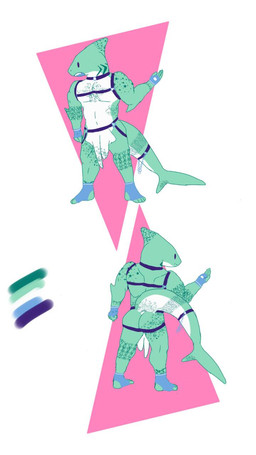 4_fingers 4_toes animal_genitalia animal_penis anthro biped blue_clothing blue_footwear blue_gloves blue_handwear blue_socks butt clothing feet fingerless_gloves fingers footwear genitals gloves green_body handwear harness lgbt_pride male markings nude penis pride_colors simple_background socks solo standing tail teal_body teeth toeless_footwear toeless_socks toes vincian_pride_colors hageemy1 aquatic fish shark 9:16 hi_res