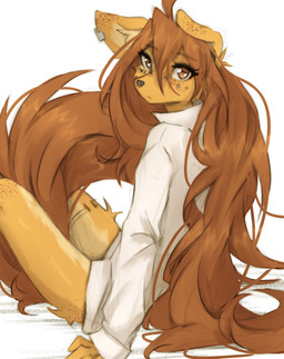 anthro biped clothed clothed_anthro clothed_female clothing female fingers fur hair looking_at_viewer rear_view simple_background sitting solo tail tattoo tinygaypirate apogee_(tinygaypirate) canid canine canis domestic_dog mammal 2026 absurd_res digital_drawing_(artwork) digital_media_(artwork) hi_res
