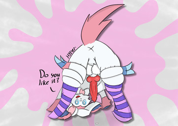 all_fours blush clothing erection feral fur genitals knot knotted_penis legwear looking_at_viewer male pawpads paws penis pink_body pink_fur question question_mark ribbons solo squeezing text thigh_highs white_body white_fur ne_hyper nintendo pokemon fan_character eeveelution generation_6_pokemon pokemon_(species) sylveon absurd_res hi_res