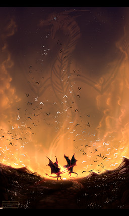 ambiguous_gender black_bars detailed_background duo fantasy feral flying membrane_(anatomy) membranous_wings outside standing tail wings skaydie european_mythology mythology dragon mythological_creature mythological_scalie scalie western_dragon 2015 digital_media_(artwork) letterbox
