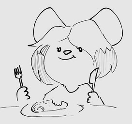 anthro chewing clothed clothed_anthro clothed_female clothing eating eating_food eyelashes female female_anthro food_in_mouth front_view fur furniture hair holding_fork holding_knife holding_object knife knife_and_fork multicolored_hair omelette plate shirt simple_background smile solo table topwear two_tone_hair white_background conditional_dnp sonokido ventura_city_drifters ivy_fowler mammal mouse murid murine rodent 2021 digital_drawing_(artwork) digital_media_(artwork) english_description monochrome portrait sketch