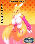 2020 absurd_res anthro armwear bandai_namco big_breasts bigdon1992 black_sclera breasts canid canine clothing countershade_torso countershading digimon digimon_(species) digital_media_(artwork) dipstick_tail english_text facial_markings featureless_breasts female fur head_markings hi_res leg_markings mammal markings mostly_nude multicolored_tail navel nyuroraxbigdon patreon patreon_logo pattern_background pinup pose purple_eyes renamon ruff signature simple_background solo tail tail_markings text white_body white_countershading white_fur white_tail_tip yellow_body yellow_fur yin_yang