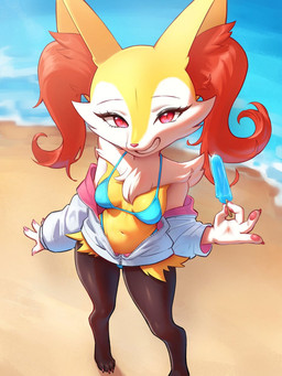 anthro biped breasts clothed clothing detailed_background eyelashes female female_anthro food fur outside popsicle pupils small_breasts smile yellow_body azuu nintendo pokemon fan_character braixen generation_6_pokemon pokemon_(species) 3:4 hi_res