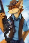 anthro black_nose blue_bottomwear blue_clothing blue_pants blue_topwear bottomwear brown_clothing brown_eyes brown_hair brown_topwear clothed clothing front_view fur glistening glistening_eyes gun hair holding_gun holding_object holding_ranged_weapon holding_rifle holding_sniper_rifle holding_weapon looking_at_viewer male mouth_closed orange_body orange_fur pants ranged_weapon rifle short_hair solo topwear weapon yellow_body yellow_fur kuttoyaki team_fortress_2 valve sniper_(team_fortress_2) canid canine fox mammal hi_res