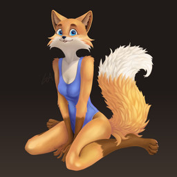 anthro blue_eyes breasts cleavage clothed clothing female inner_ear_fluff kneeling looking_at_viewer smile solo swimwear tail tuft galinn-arts canid canine fox mammal 1:1 absurd_res hi_res
