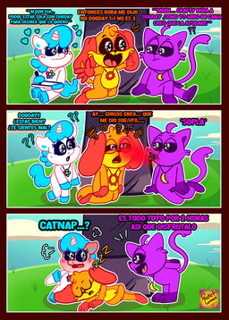 anthro blue_hair female greeting group hair heart_symbol horn male orange_body purple_body red_face red_smoke sleeping smile smoke text trio unicorn_horn white_body rocketlennon mob_entertainment mythology poppy_playtime smiling_critters catnap_(poppy_playtime) craftycorn dogday_(poppy_playtime) canid canine canis domestic_cat domestic_dog equid equine felid feline felis mammal mythological_creature mythological_equine unicorn absurd_res comic english_text hi_res spanish_text translation_request