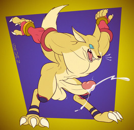 anthro arm_warmers armwear big_penis blue_eyes bodily_fluids clothed clothing crossdressing cum cum_string ejaculation erection fangs fur genital_fluids genitals huge_penis humanoid_genitalia humanoid_penis knee_pads leaking_cum male muscular muscular_anthro muscular_femboy muscular_male nude penis snarling solo teeth text yellow_body yellow_fur gavanzude bloody_roar konami hans_taubemann canid canine fox mammal hi_res