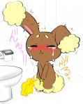 ambiguous_gender blush bodily_fluids buneary crying eyes_closed generation_4_pokemon genital_fluids holding_crotch japanese_text knock-kneed lagomorph mammal nintendo omorashi peeing pokemon pokemon_(species) seiya_mesu semi-anthro simple_background solo tears text translated urine white_background